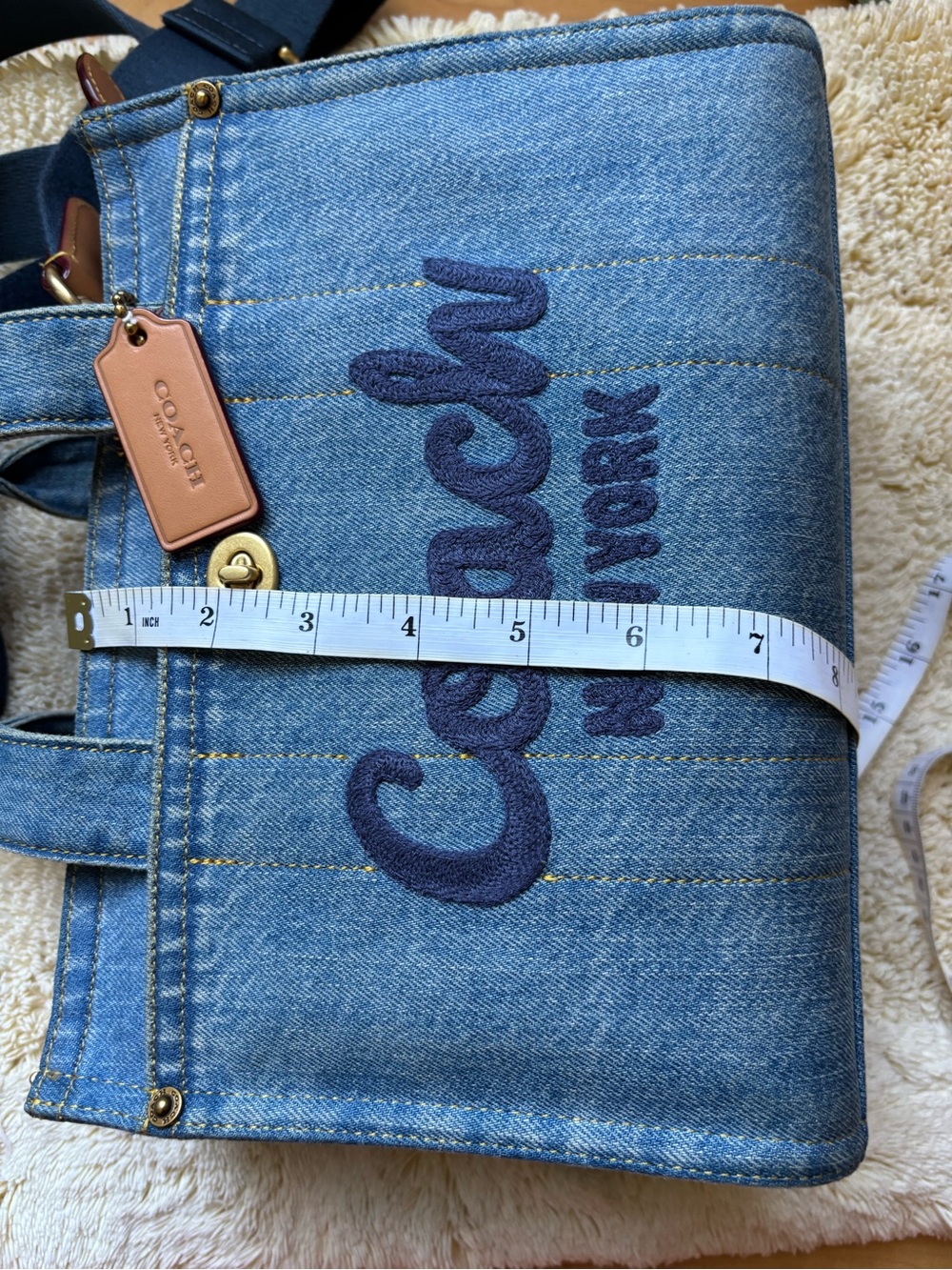 Coach Blue Denim Tote with Navy Logo and Tan Tag - Picture 9 of 9